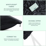 A graphic showcases the Mynt Lab MyntFusion™ Complete Bedding Bundle (5-Piece): antibacterial, mint-infused fabric, an invisible zipper on a black pillowcase, and white corner ties on black fabric with close-up text descriptions.