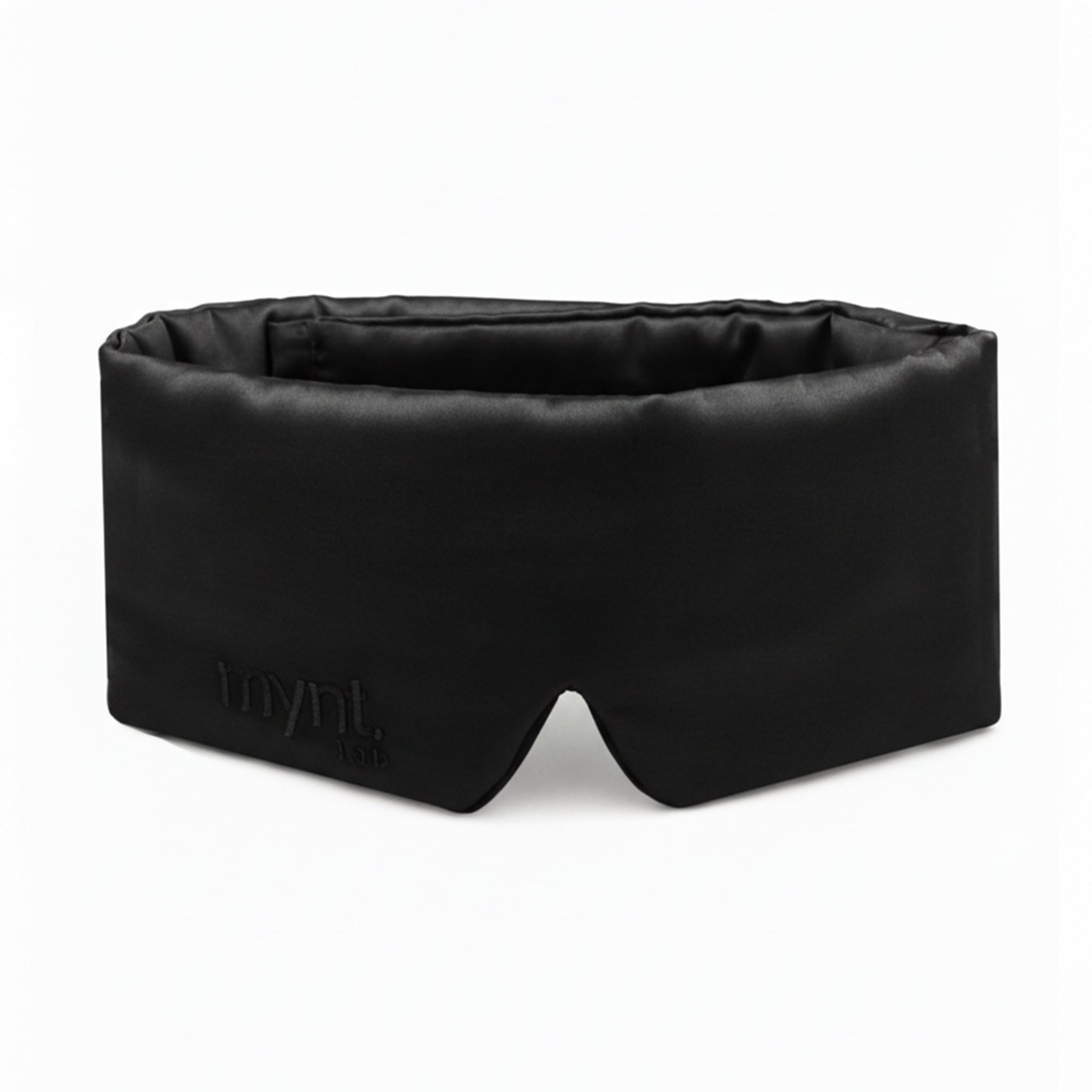 Black sleep mask with brand logo on a white background