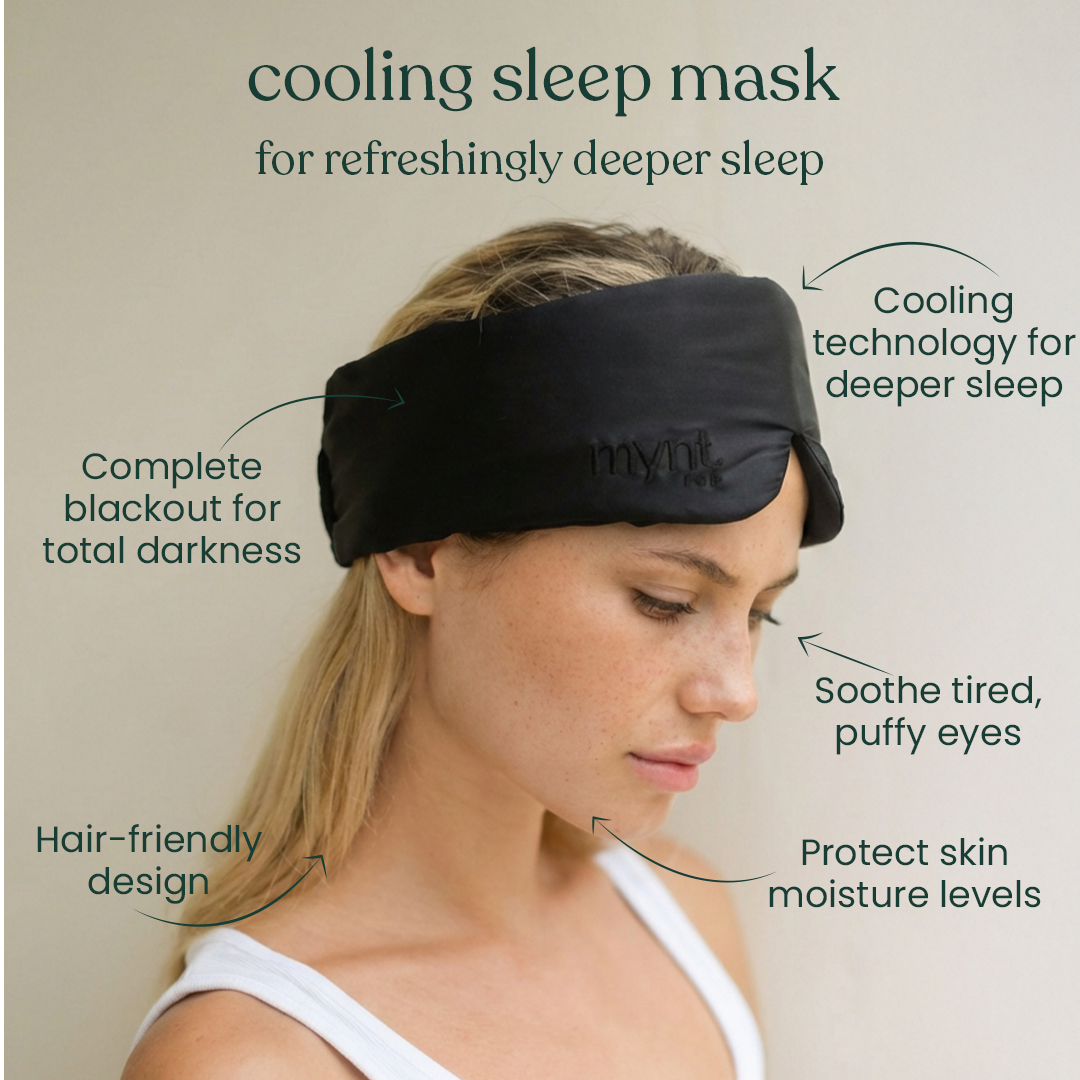 Woman wearing a cooling sleep mask with product features highlighted