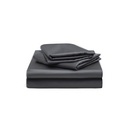 A neatly folded set of dark gray bed sheets, including a fitted sheet, flat sheet, and pillowcase, stacked on a white background. Charcoal