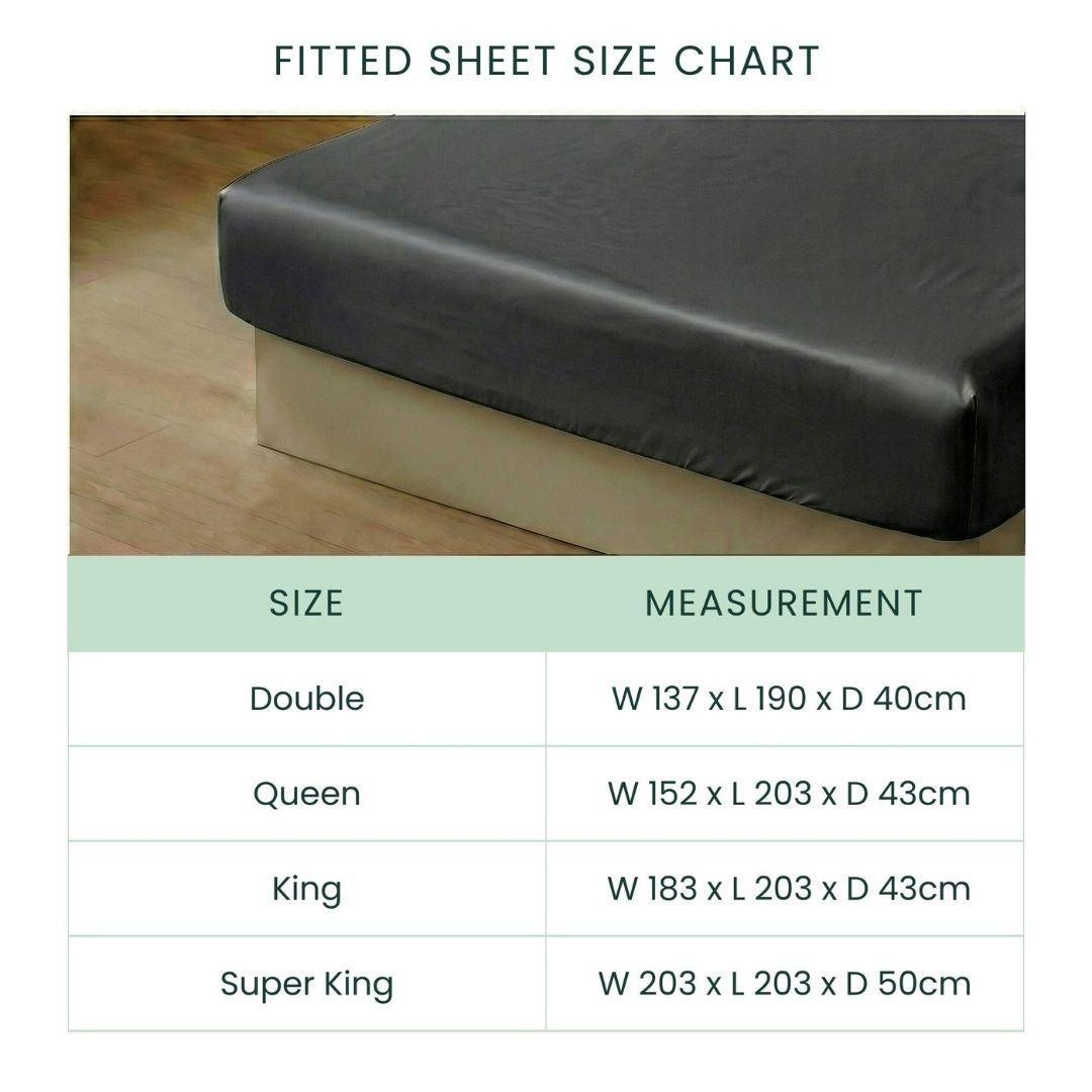 Photo of the Mynt Lab MyntFusion™ Fitted Sheet Set (3-Piece) on a mattress with a size chart showing Double, Queen, King, and Super King widths, lengths, and deep pocket depths in centimetres.
