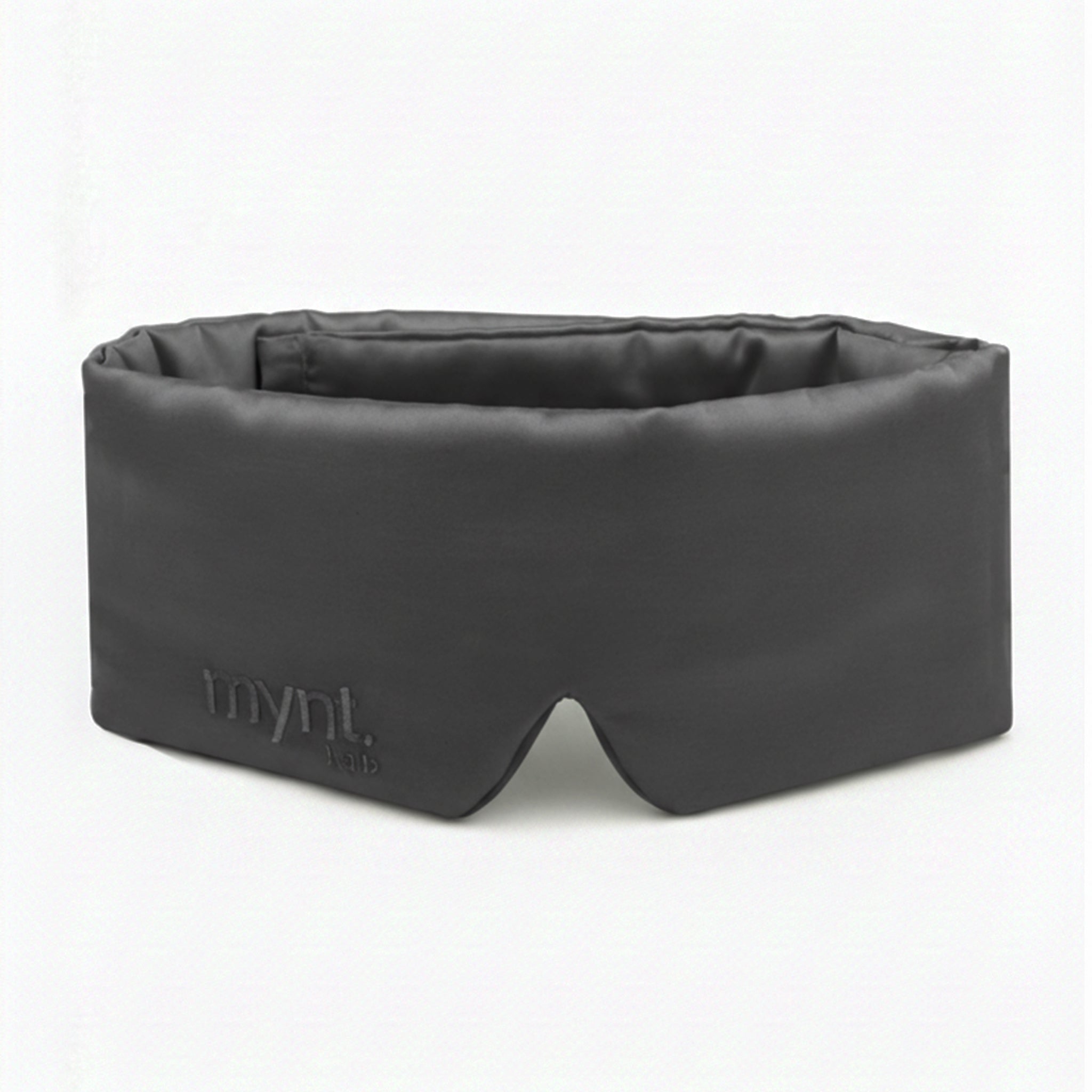 Charcoal sleep mask with 'mynt lab' branding on a white background