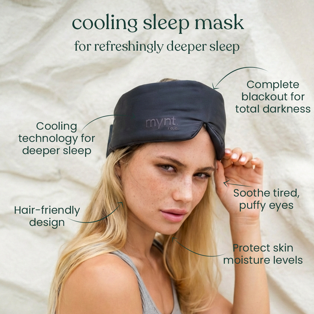 Woman wearing a cooling sleep mask with product features highlighted