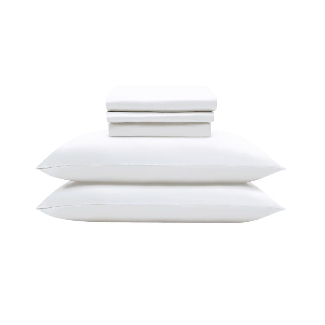The Mynt Lab MyntFusion™ Complete Sheet Set (4-Piece)—two pillows, a flat sheet, a fitted sheet, and two pillowcases—are neatly stacked against a plain white background.