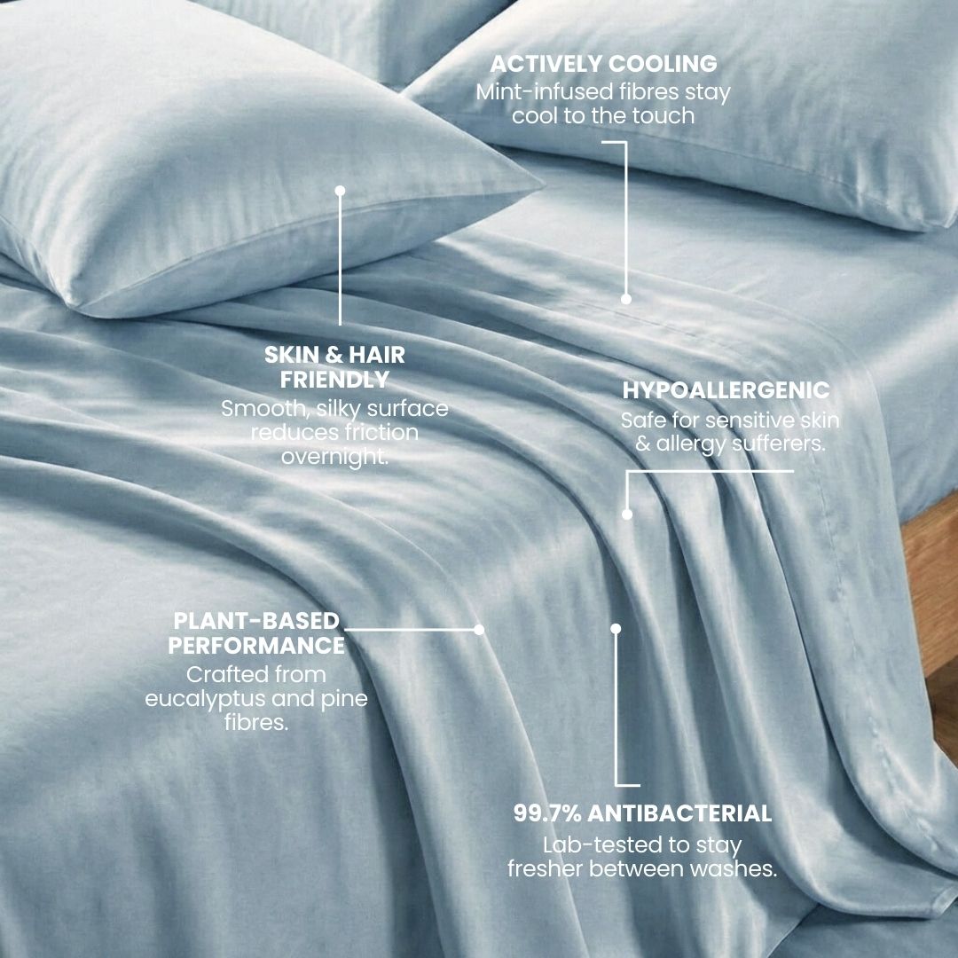 The MyntFusion™ Complete Sheet Set by Mynt Lab features light blue sheets and pillowcases made from advanced, plant-based fabric that’s cooling, skin & hair friendly, hypoallergenic, and offers 99.7% antibacterial protection.