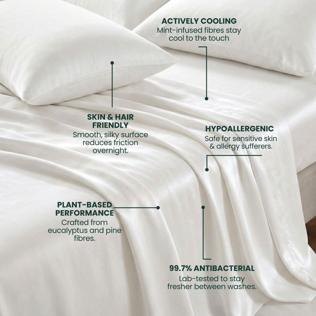 White fabric with text highlighting features like 'actively cooling', 'skin & hair friendly', 'hypoallergenic', 'plant-based performance', and '99.7% antibacterial'.