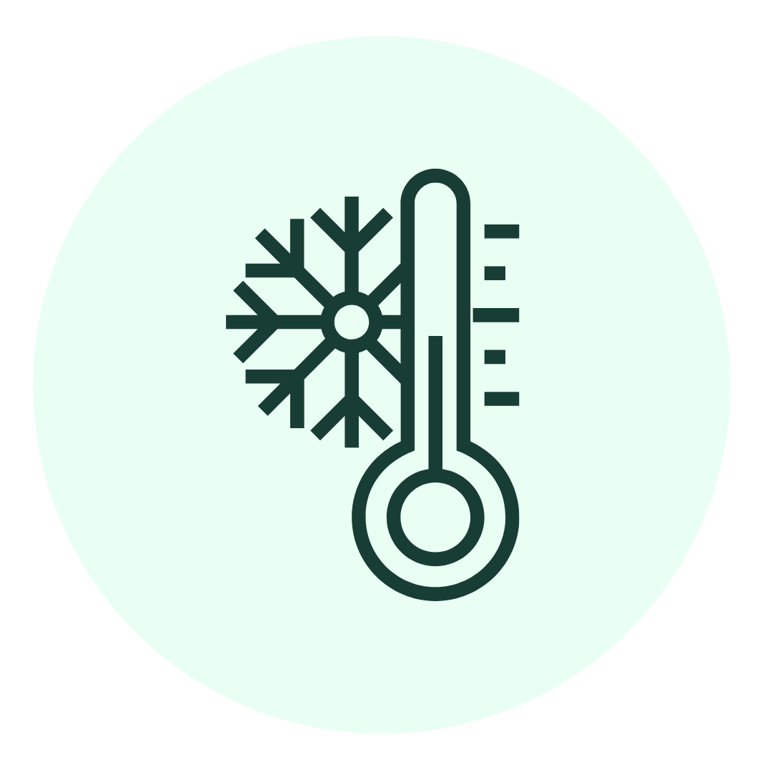 Icon of a thermometer next to a snowflake, representing cold temperature or freezing conditions. The image is simple, with dark lines on a light circular background.