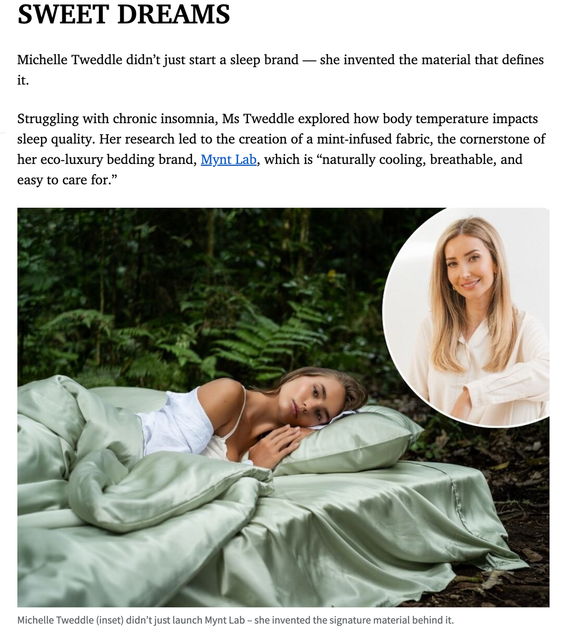 Woman lying in bed with mint-infused fabric, surrounded by nature, with an inset of a woman smiling.