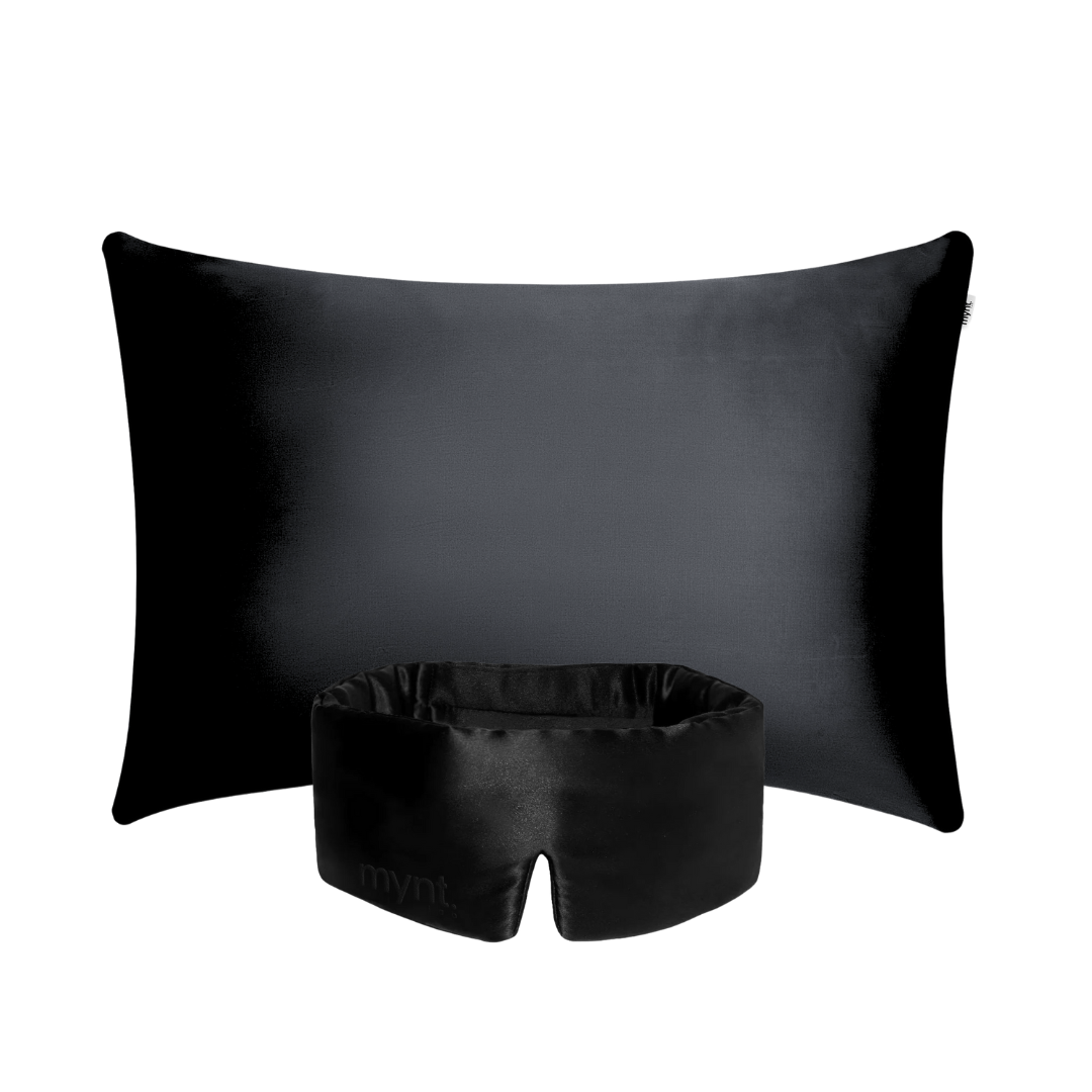 The Deep Sleep Bundle features a black silky cooling pillowcase and matching blackout sleep mask, both with a mynt lsb logo, beautifully displayed against a white background.