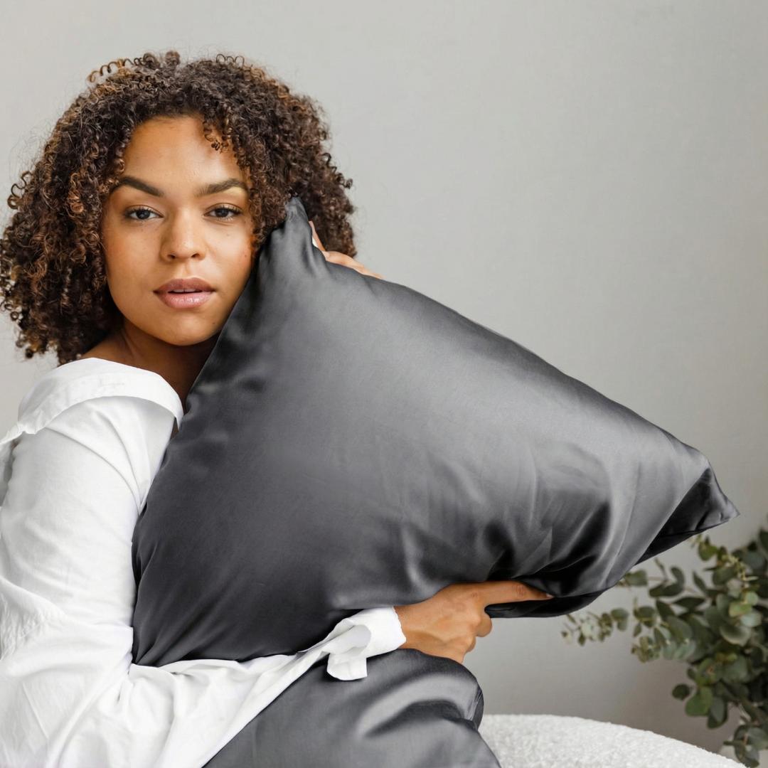 A woman with curly hair in a white top hugs the Deep Sleep Bundle’s large dark grey cooling pillowcase indoors, looking calmly at the camera with soft lighting and a plant in the background.