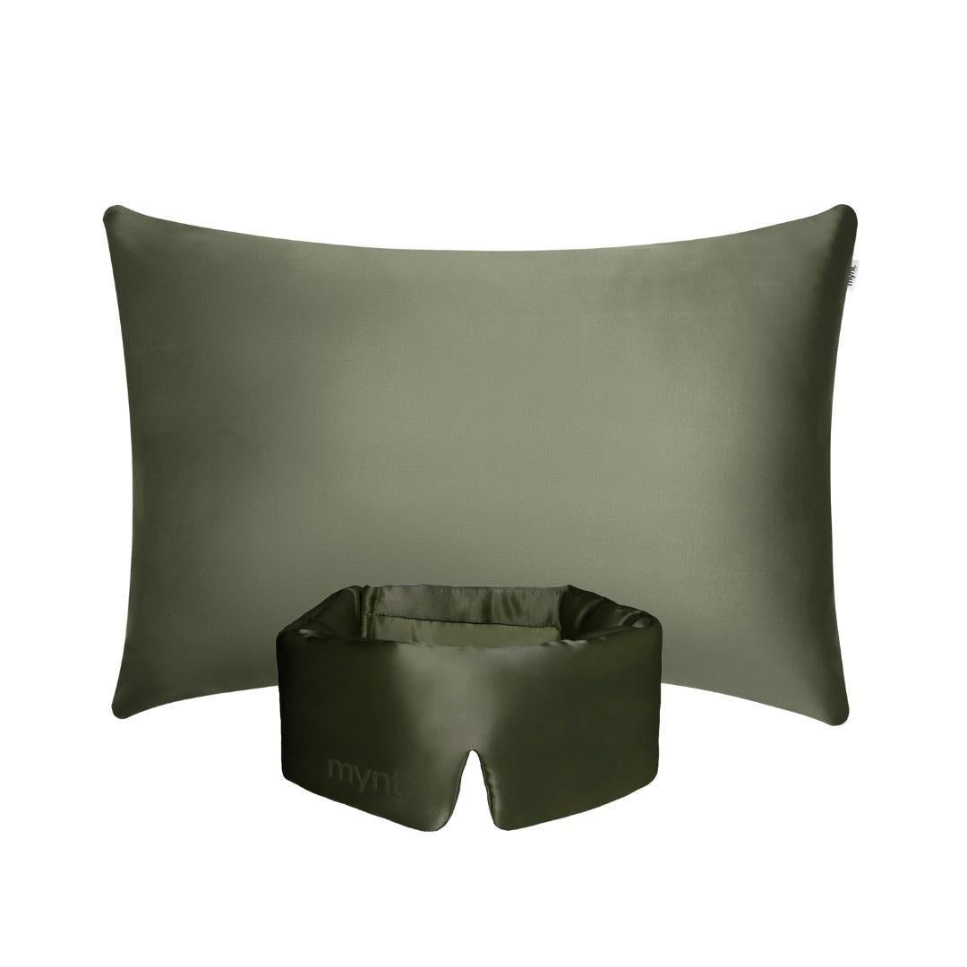 The Deep Sleep Bundle, featuring a rectangular olive green pillow with a cooling pillowcase and a matching sleep mask, is displayed against a white background.