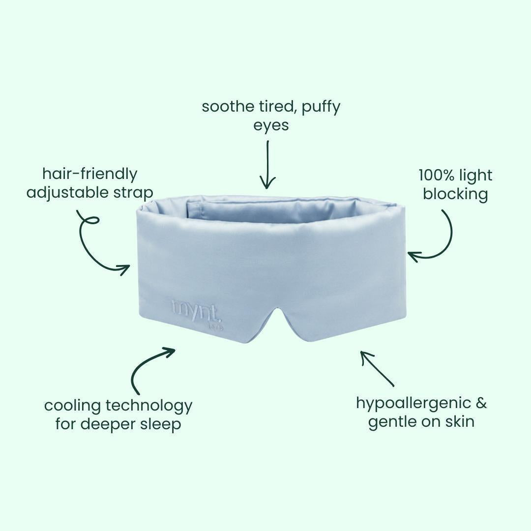 The Deep Sleep Bundle features a light blue blackout sleep mask with a hair-friendly adjustable strap, cooling technology to soothe tired, puffy eyes, 100% light blocking for deep sleep, and hypoallergenic material gentle on skin.