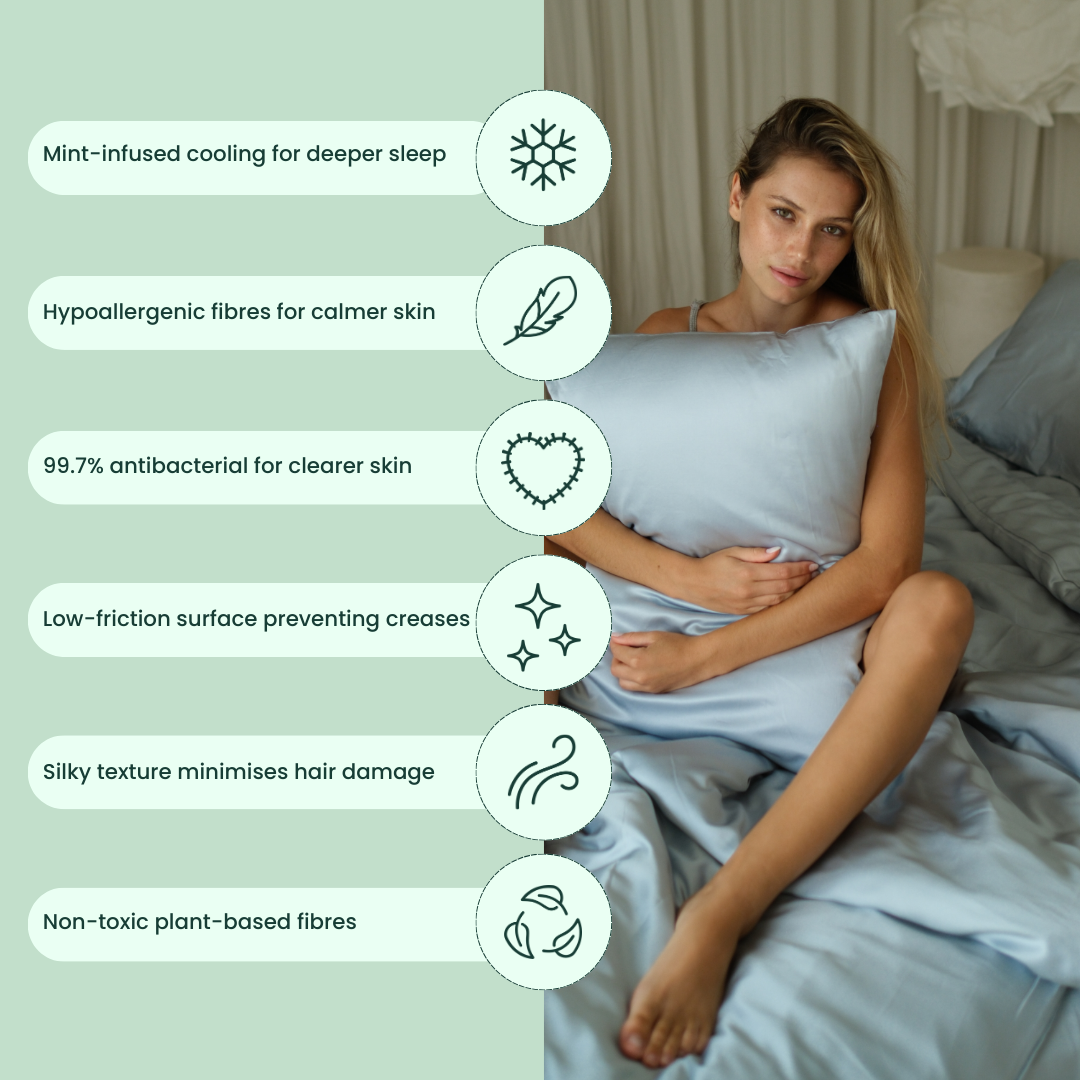 A woman sits on a bed embracing the mynt lab powder blue pillowcase, with icons and text showcasing its cooling, hypoallergenic, antibacterial qualities, silky texture, deep sleep benefits, and non-toxic plant-based fibres.