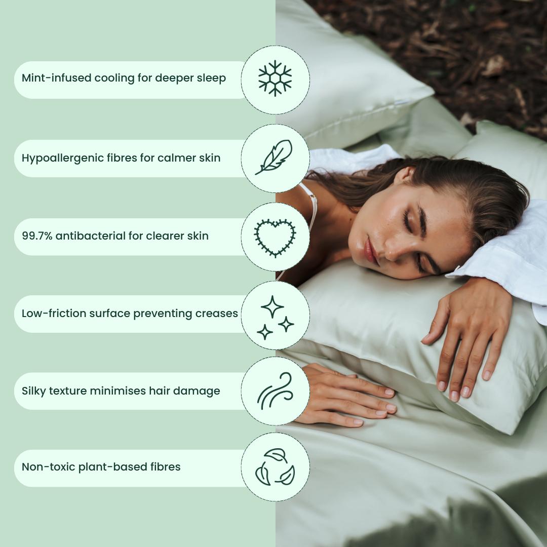 A woman rests on sage green bedding from the Deep Sleep Bundle. Icons highlight features: cooling mint-infused pillowcase, hypoallergenic, 99.7% antibacterial, low friction, silky texture, and non-toxic plant-based fibres.