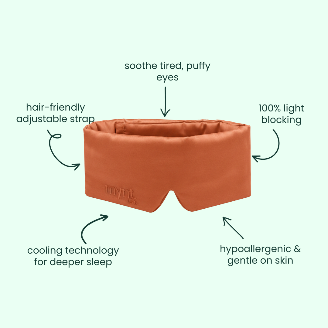 The Deep Sleep Bundle includes a terracotta coloured blackout sleep mask with a hair-friendly adjustable strap, cooling technology, 100% light blocking, hypoallergenic material, and soothing comfort for tired eyes. Perfect for deep sleep. Background: light green.