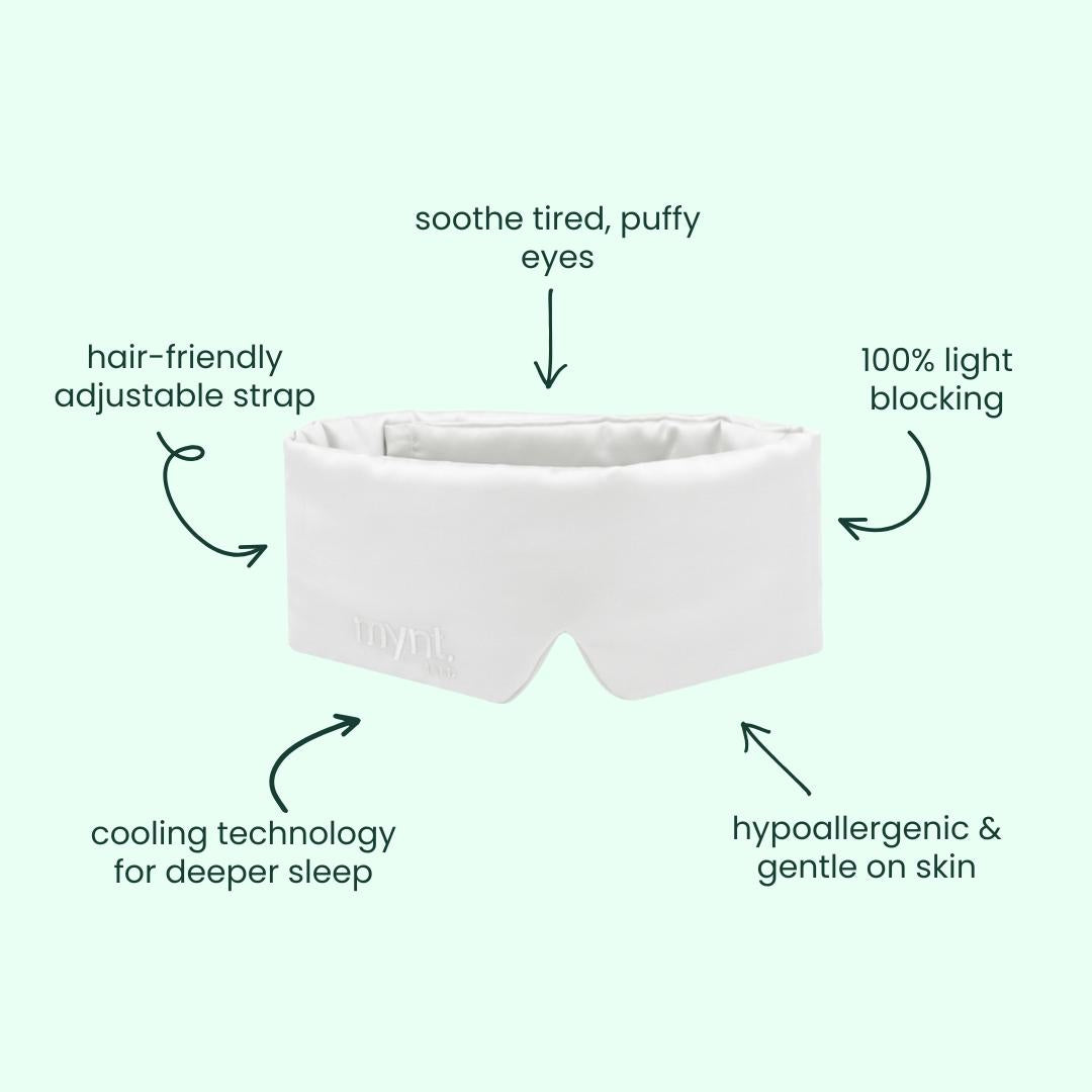 The Deep Sleep Bundle features a white blackout sleep mask with a hair-friendly adjustable strap, cooling technology for deep sleep, 100% light blocking, and hypoallergenic materials - gentle on skin and soothing tired eyes for maximum comfort.