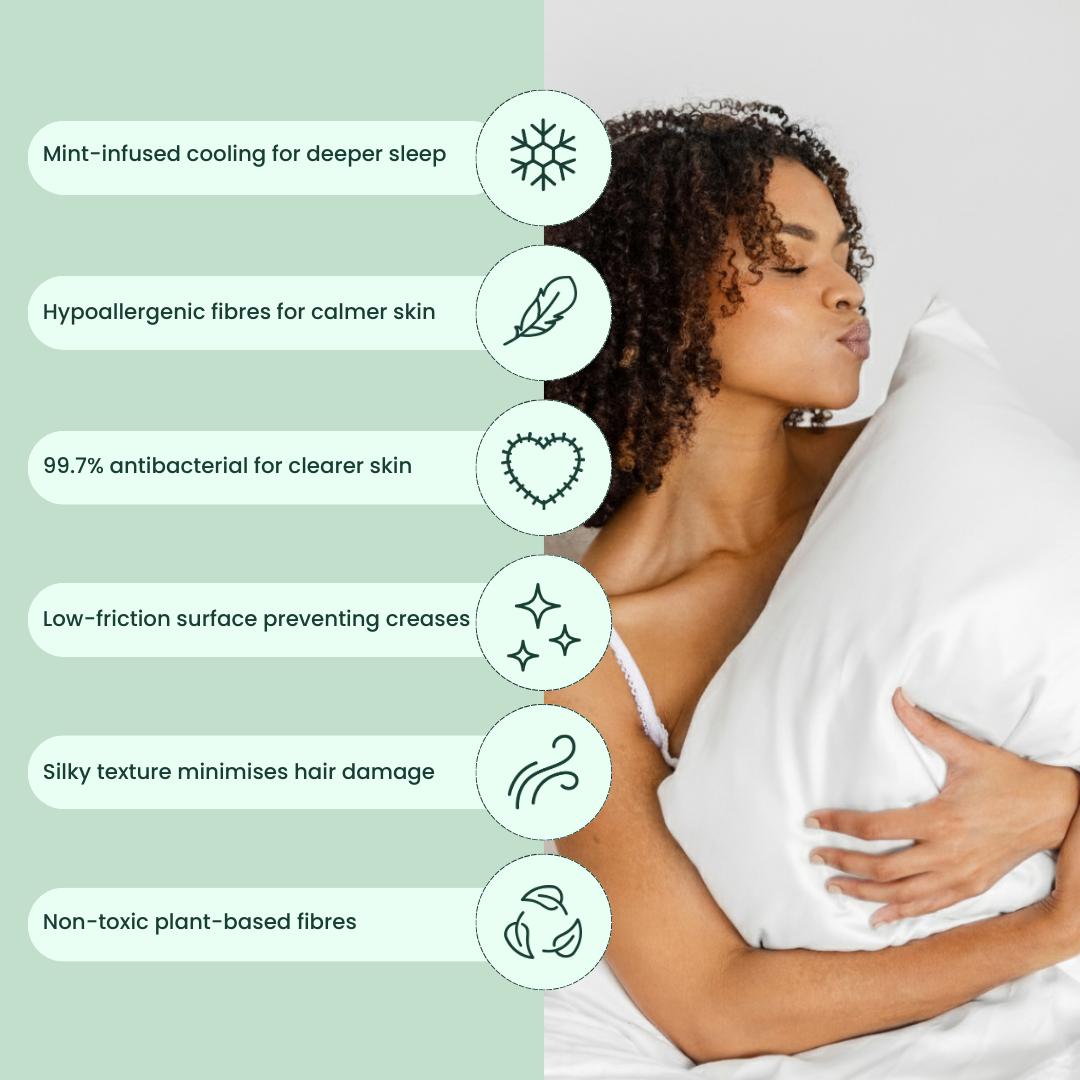 A woman hugs a pillow on her bed. Text and icons highlight the Deep Sleep Bundle's cooling pillowcase, deep sleep benefits, hypoallergenic and antibacterial fibres, silky texture, and non-toxic plant-based materials.