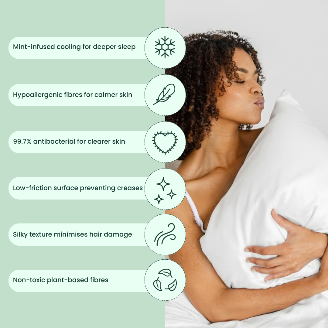 A woman hugs a pillow on her bed. Text and icons highlight the Deep Sleep Bundle's cooling pillowcase, deep sleep benefits, hypoallergenic and antibacterial fibres, silky texture, and non-toxic plant-based materials.