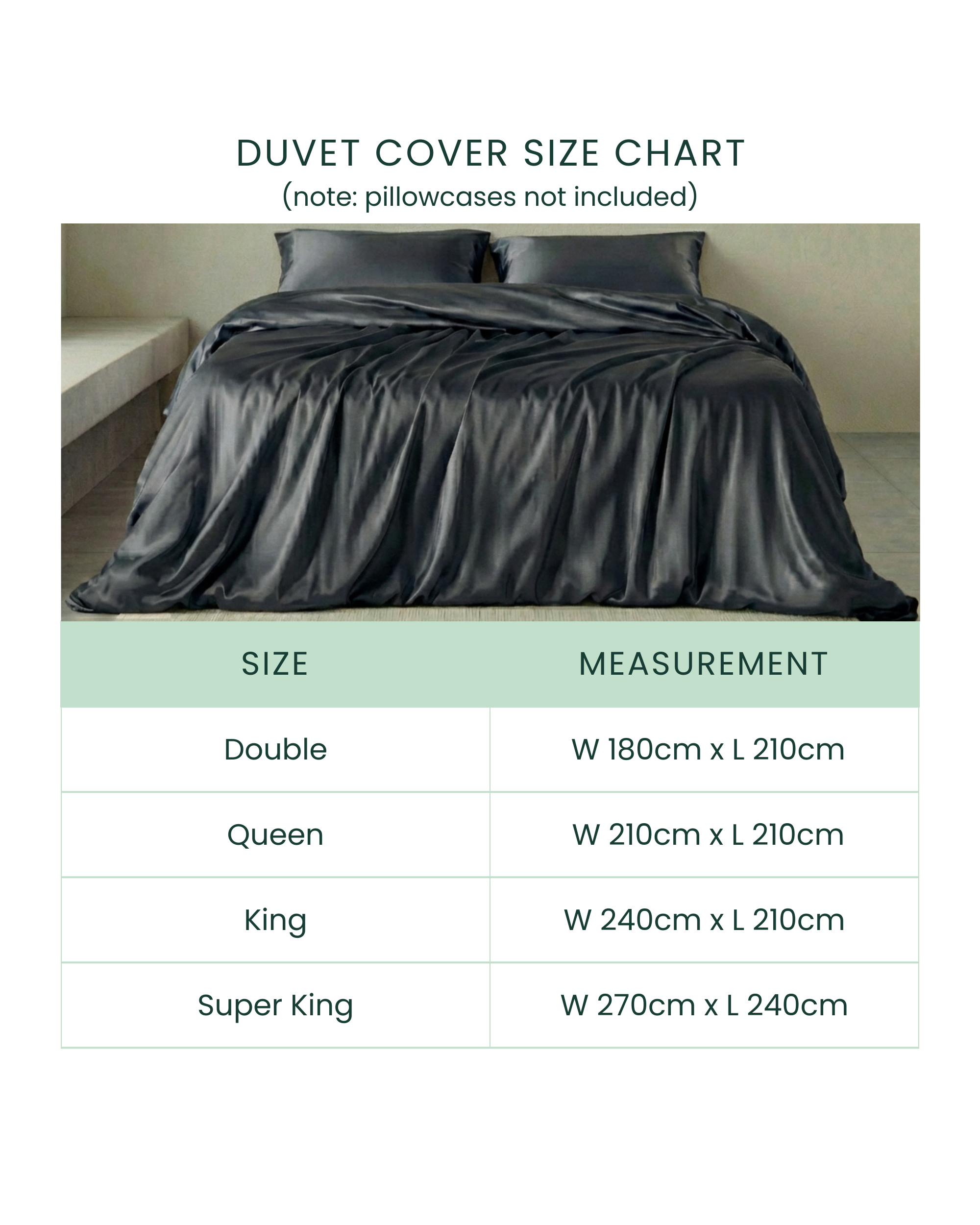 Mynt Lab's MyntFusion™ Duvet Cover is ideal for hot sleepers. Size chart: Double (180x210cm), Queen (210x210cm), King (240x210cm), Super King (270x240cm). Pillowcases not included. Photo shows a neatly made bed.