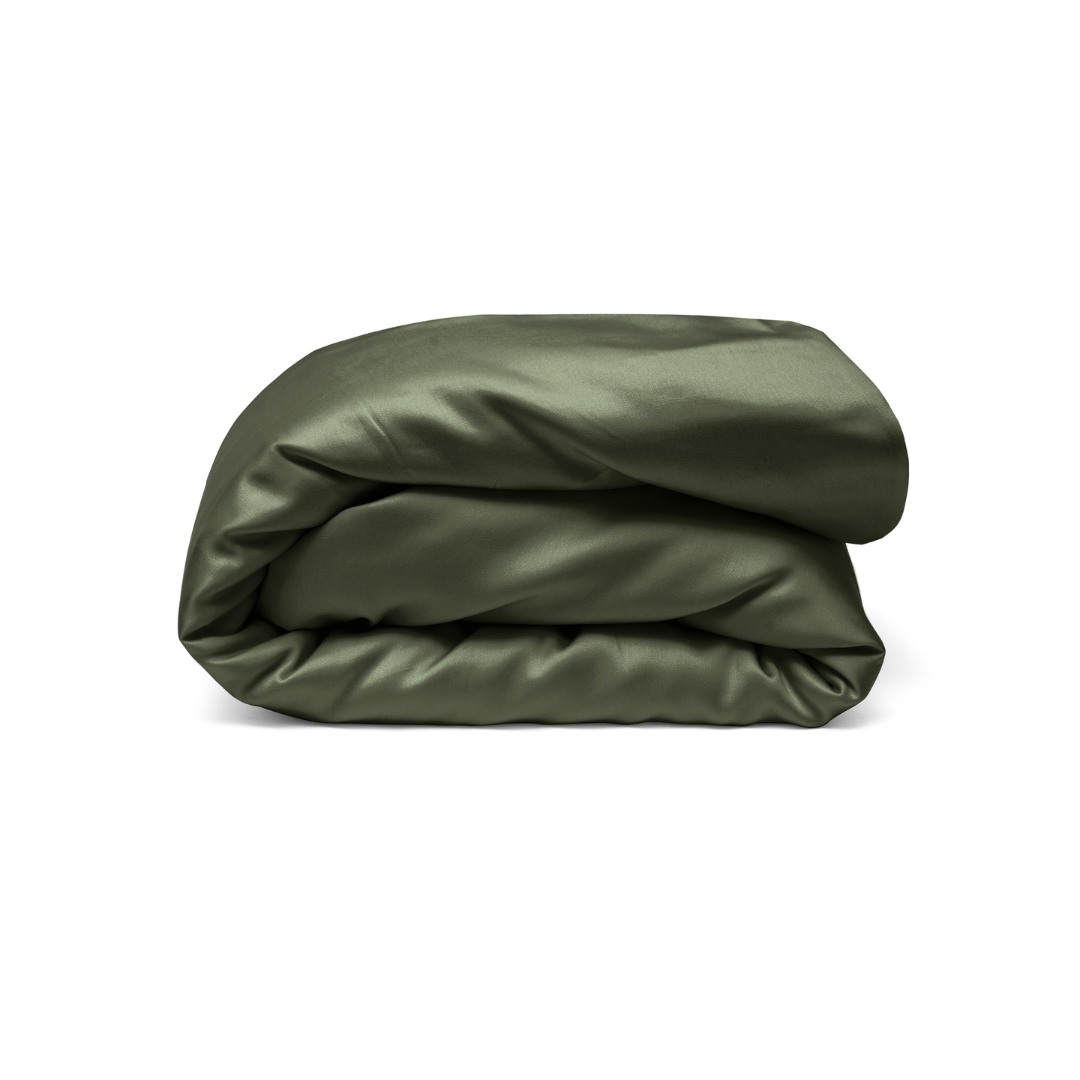 An olive green duvet cover with antibacterial protection is neatly folded and displayed against a plain white background.