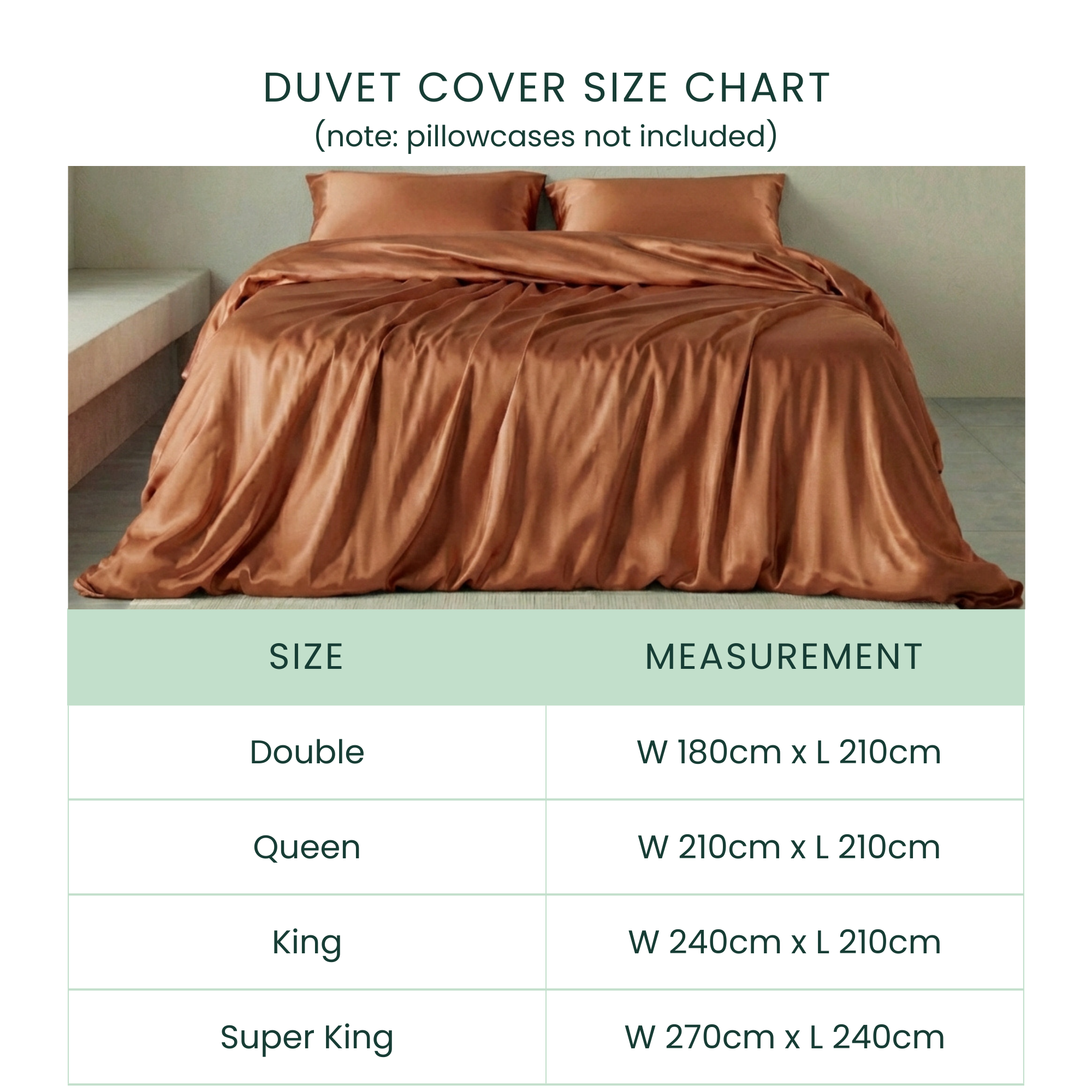 A chart displays Mynt Lab's MyntFusion™ Duvet Cover sizes - Double, Queen, King, Super King - with a photo of a bed in glossy terracotta bedding. Pillowcases sold separately.