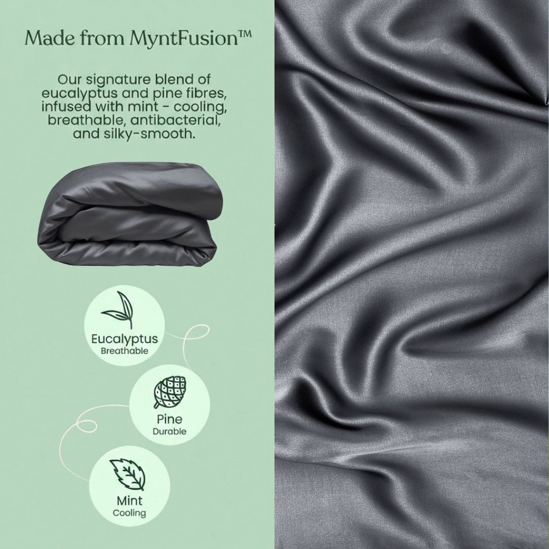 On the right is a smooth, dark grey fabric. On the left, text introduces the Mynt Lab MyntFusion™ Duvet Cover |- an antibacterial cover crafted from eucalyptus, pine, and mint fibres for cool, breathable comfort perfect for hot sleepers.