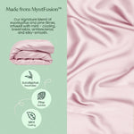 Pink fabric with text about MyntFusion blend on a green background