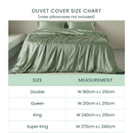 Duvet cover size chart with measurements for Double, Queen, King, and Super King sizes.