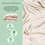 Text and fabric swatch with MyntFusion product details on a green background