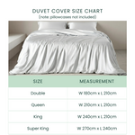 Duvet cover size chart with bed and measurements on a light background