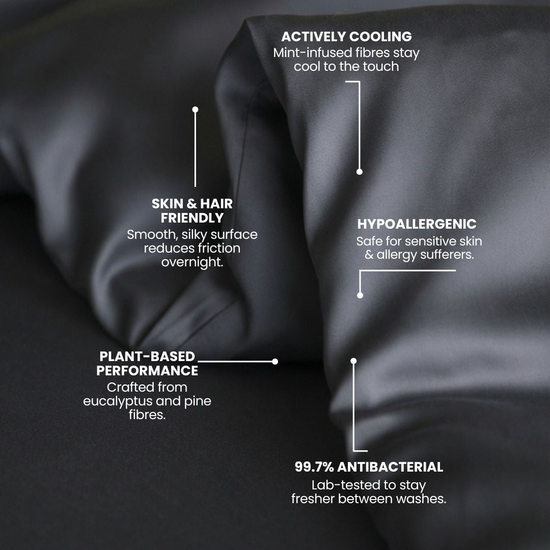 Close-up of MyntFusion™ Duvet Cover by Mynt Lab: dark, silky, plant-based fabric that's actively cooling, skin & hair friendly, hypoallergenic, and 99.7% antibacterial - perfect for hot sleepers wanting high-performance comfort.
