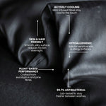 Black fabric with text highlighting its properties on a dark background