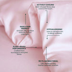 Close-up of pink fabric with text highlighting its properties