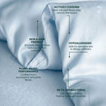 Powder blue silky fabric with features highlighted.