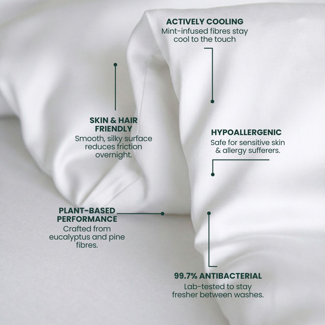 White fabric with text highlighting its features on a white background