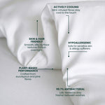 White fabric with text highlighting its features on a white background