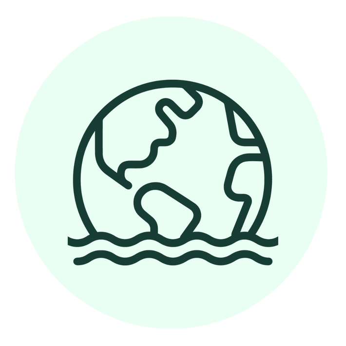 A simple line drawing of a globe with continents, partially submerged in water, symbolizing rising sea levels or climate change, on a pale green circular background.