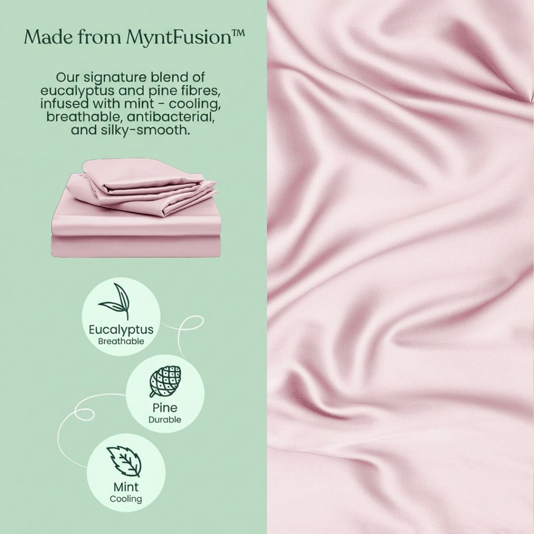A soft pink Mynt Lab MyntFusion™ Fitted Sheet Set (3-Piece) is shown. Text highlights its eucalyptus, pine, and mint blend for cooling, breathable, antibacterial, and durable features, with three icons illustrating each benefit.