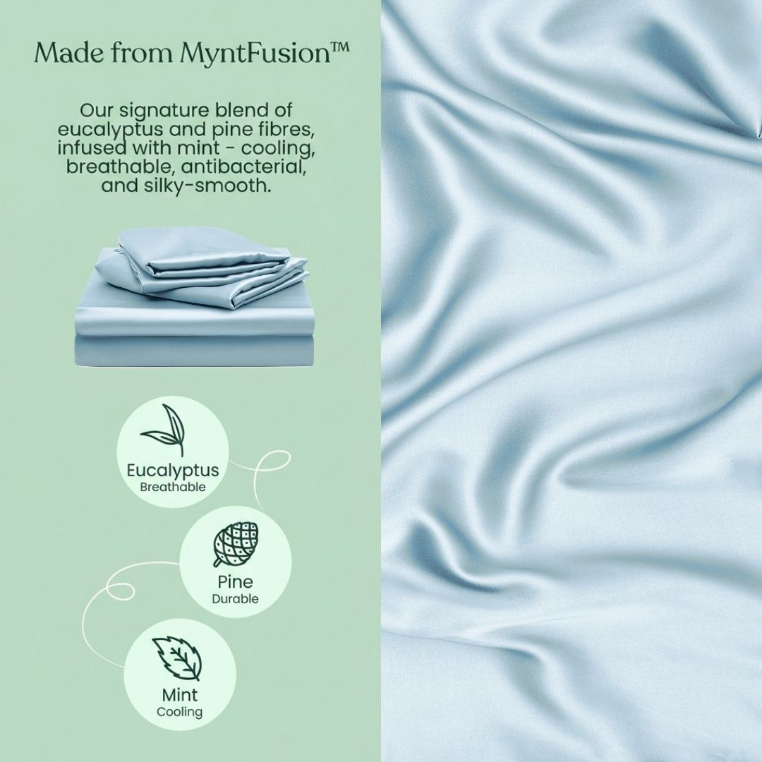 The Mynt Lab MyntFusion™ Complete Sheet Set (4-Piece) is shown in light blue, offering a smooth, silky feel. Made from eucalyptus, pine, and mint fibres, these cooling sheets are breathable, antibacterial, and hypoallergenic - ideal for hot sleepers.