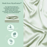 The Mynt Lab MyntFusion™ Fitted Sheet Set (3-Piece) is shown in soft mint-green. Text and icons highlight its smooth, breathable eucalyptus, pine, and mint blend - hypoallergenic cooling bedding ideal for hot sleepers.
