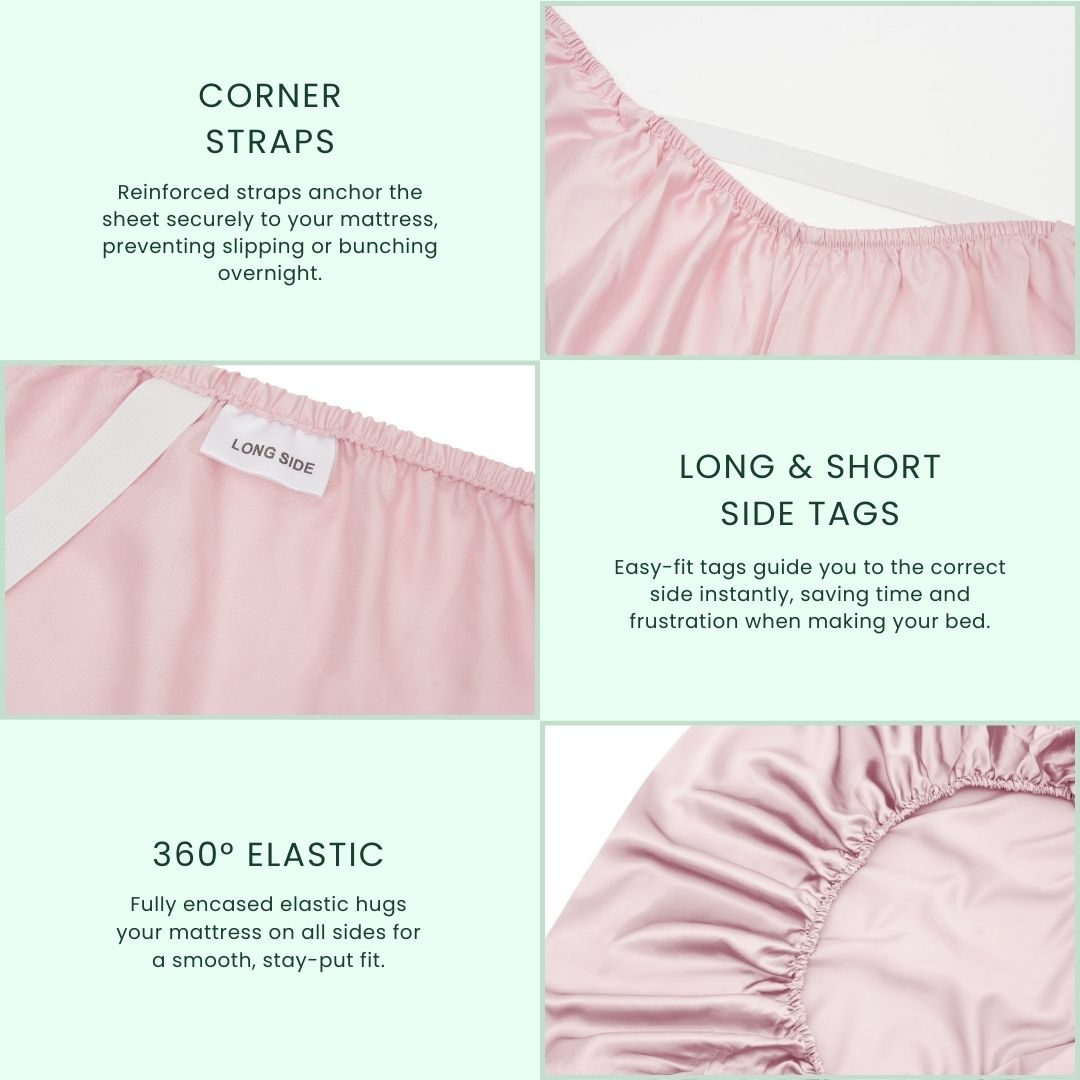 A pale pink Mynt Lab MyntFusion™ Fitted Sheet Set (3-Piece) is shown up close, featuring 360° elastic, corner straps, and “long side”/“short side” tags for a secure fit and easy bed-making. The background is light green.