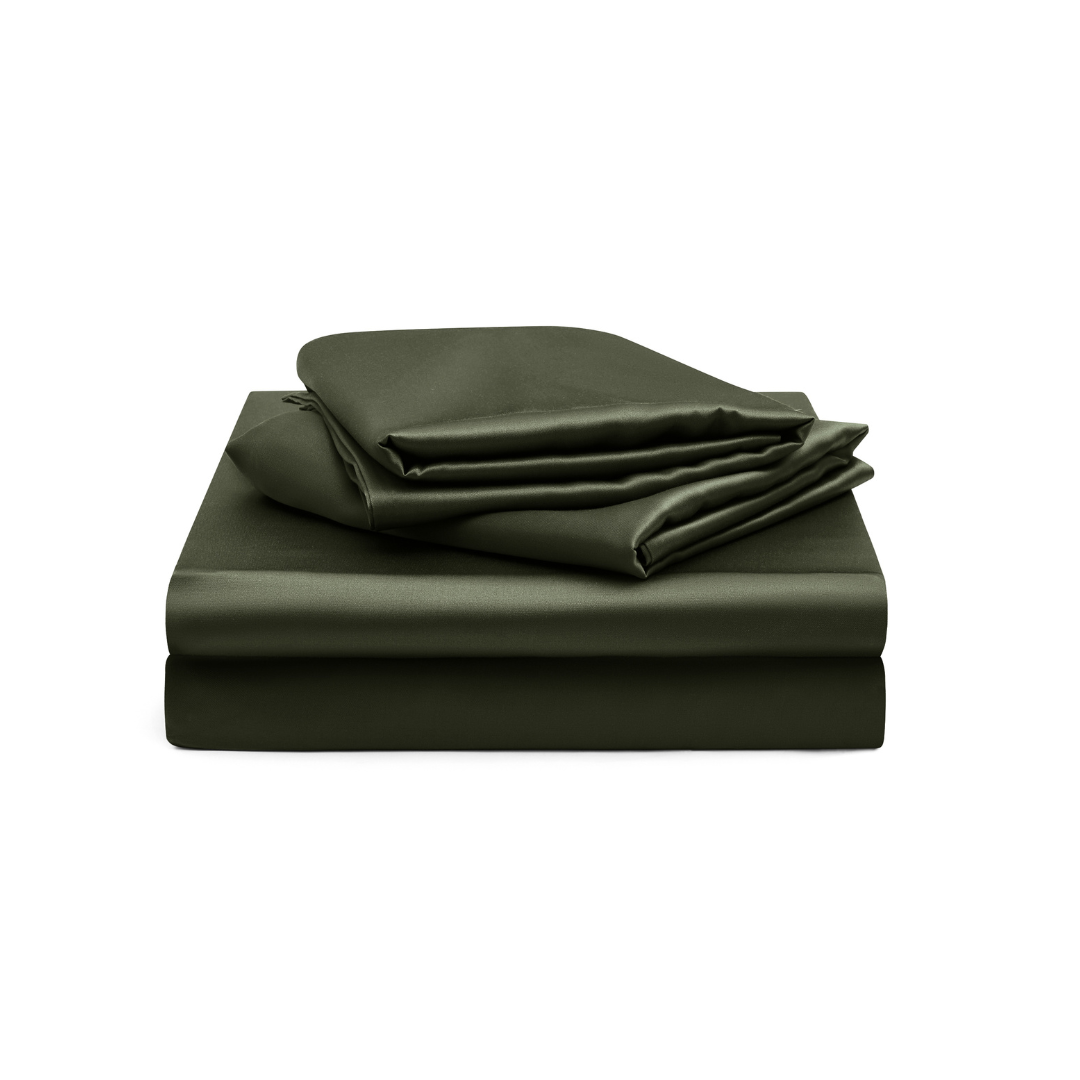 A neatly folded Fitted Sheet Set in silky soft dark green fabric is displayed on a white background.