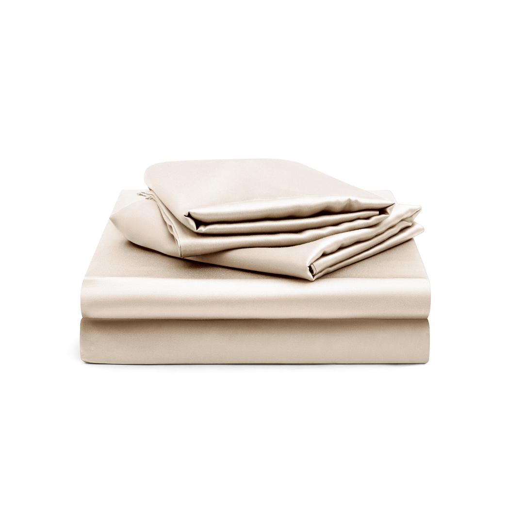 The Fitted Sheet Set (3-Piece) is displayed neatly folded on a white background, offering silky softness and a touch of comfort and elegance.