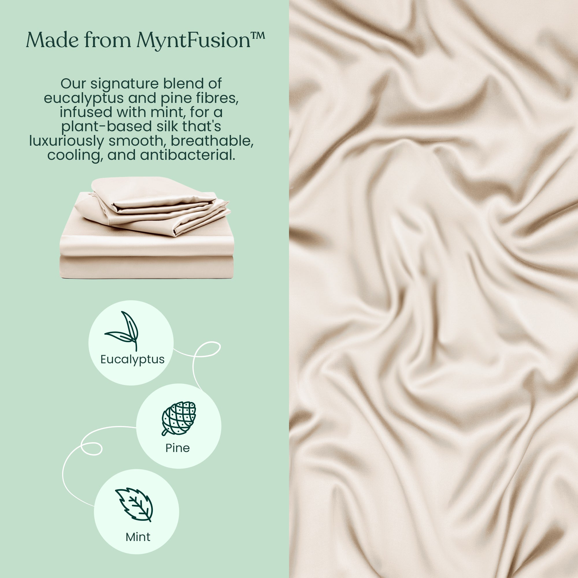 A pale green graphic showcases Mynt Lab's Fitted Sheet Set (3-Piece), made from eucalyptus, pine, and mint for silky softness. Beige fabric drapes on the right, with icons highlighting the antibacterial properties of these sheets.