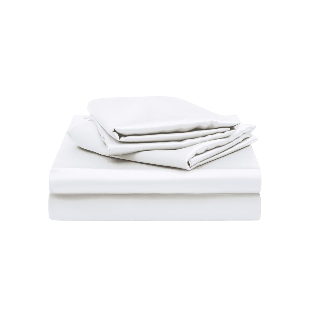 A neatly folded Fitted Sheet Set (3-Piece), including silky soft sheets and pillowcases, displayed on a plain white background.