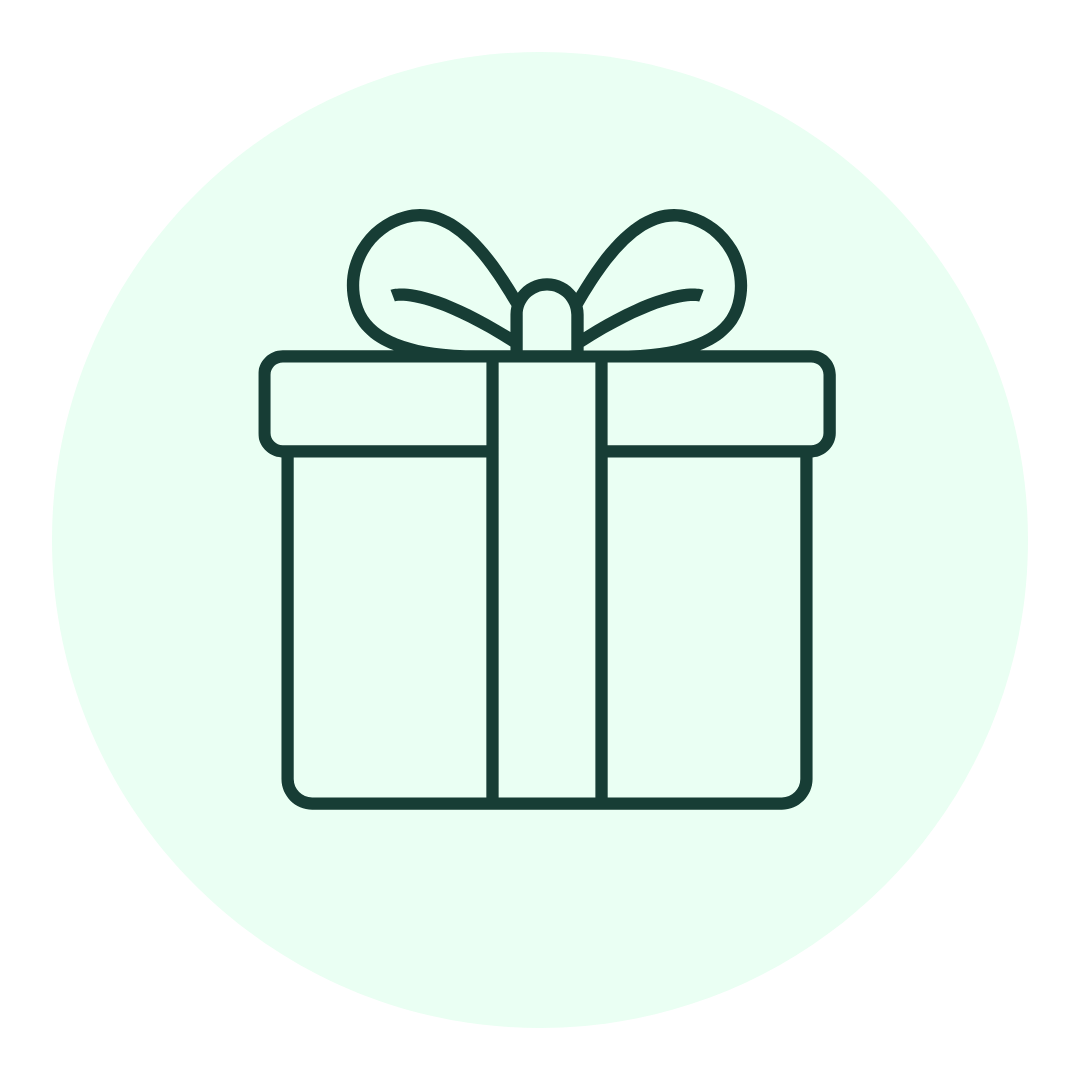 Outline of a gift box with a bow on a light green circle