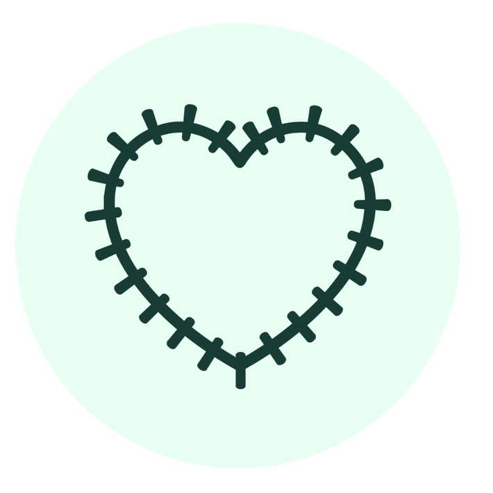 A simple dark green outline of a heart with short lines resembling stitches around its edge, centered on a light green circular background.