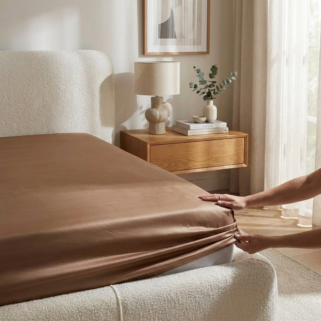 Person adjusting a brown fitted sheet on a bed in a bedroom setting.