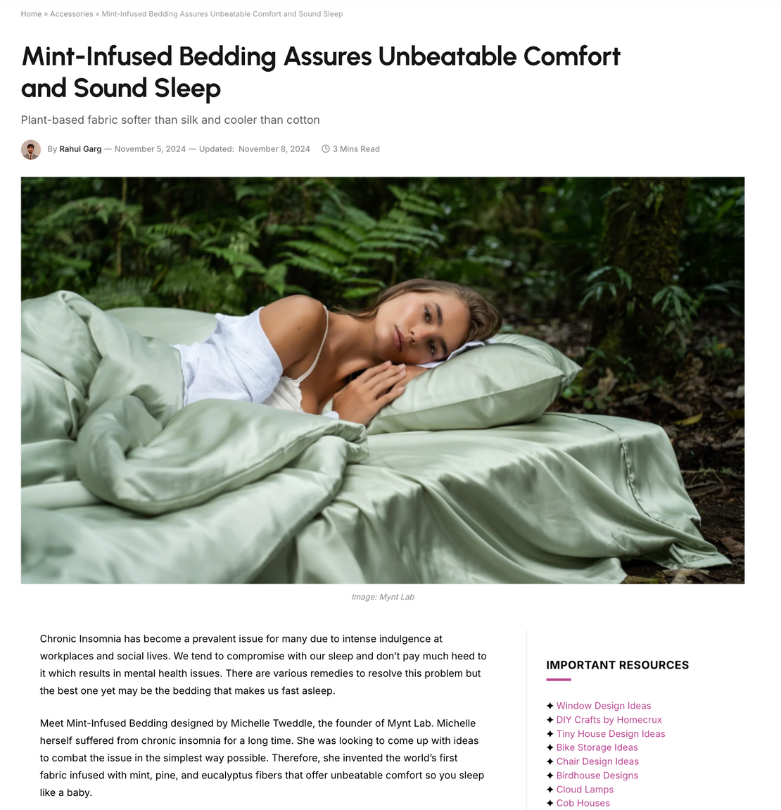 Woman lying in bed with mint-infused bedding in a forest setting