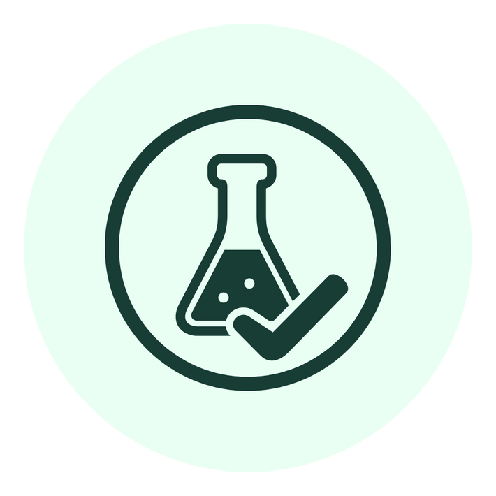 Icon of a laboratory flask with liquid inside and bubbles, encircled, with a checkmark in front, all on a light green circular background, symbolizing approved or safe science or chemistry.